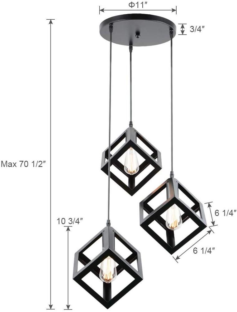 Black Vintage Metal Square Shade Industrial 3-Light Pendant Light